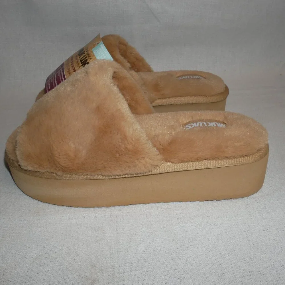 Muk Luks Womens Kirstey Slide Slipper Faux Fur Slippers Size S 5-6 Tan NWT - Picture 2 of 8